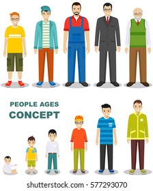People generations at different ages isolated on white background in flat style. Man aging: baby, child, teenager, young, adult, old people. Vector illustration