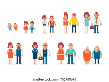 People generations in a flat style isolated on white background. Vector flat illustration, cartoon style.