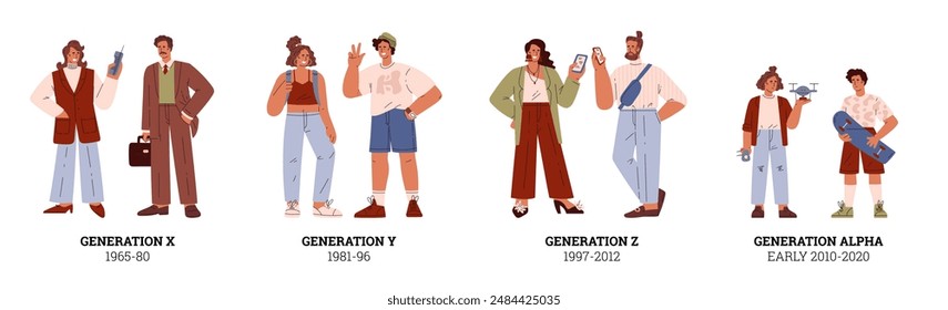 Menschen Generations Flat Vektorgrafik Set. Zeichentrickfiguren, die X, Y Millennial, Z und Alpha Generationen soziale Entwicklung darstellen. Klassifizierung der Evolutionszeiträume und des Fortschritts