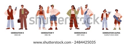 People generations flat vector set. Cartoon human characters representing X, Y millennial, Z and alpha generations social development. Classification of evolution periods and progress