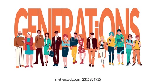 People generations header concept with big letters and representatives of different age categories small human characters flat vector illustration