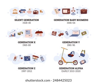 People generations infographic vector set. Cartoon progress symbols of Silent, Baby Boomers, X, Y millennial, Z and alpha social development and innovations. Classification of evolution periods