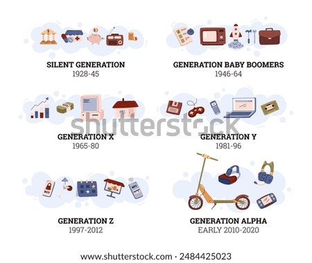 People generations infographic vector set. Cartoon progress symbols of Silent, Baby Boomers, X, Y millennial, Z and alpha social development and innovations. Classification of evolution periods