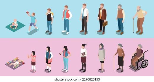 People generations isometric set of women and men characters of different ages from baby to elderly vector illustration