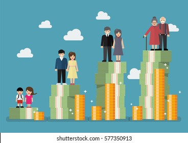 People generations with retirement money plan. Vector illustration