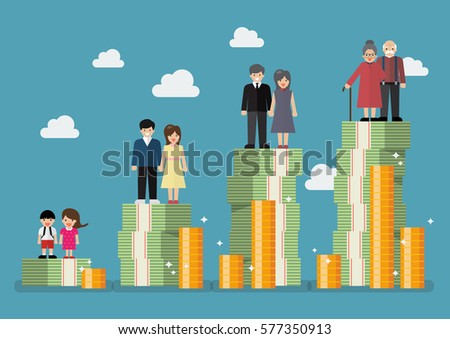 People generations with retirement money plan. Vector illustration