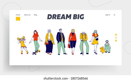 People Generations Stand in Row Landing Page Template. Big Happy Family Grandparents, Parents, Children and Grandchildren Male and Female Young and Senior Characters. Linear Vector Illustration