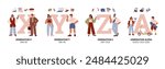 People generations typographic vector set. Cartoon human characters representing X, Y millennial, Z and alpha generations social development. Classification of evolution periods and progress symbols