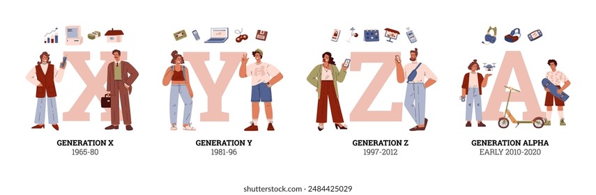 Menschen Generationen typografische Vektorgrafik Set. Zeichentrickfiguren, die X, Y Millennial, Z und Alpha Generationen soziale Entwicklung darstellen. Klassifikation von Evolutionszeiträumen und Fortschrittsymbolen