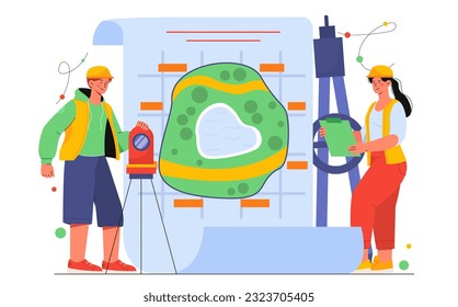 Gente con el concepto de ciencia de la geodesia. Hombres y mujeres en cascos protectores con equipo estudian el suelo. Experimentos científicos en laboratorio. Equipo con brújula y mapa. Dibujo vectorial plano de dibujos animados