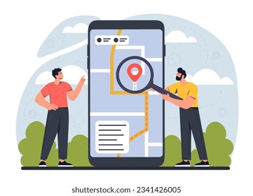 Gente con concepto de geolocalización. Hombres con lupa cerca de la pantalla del smartphone con mapa. Navegación y GPS. Aplicación móvil para viajes y turismo. Dibujo vectorial plano de dibujos animados