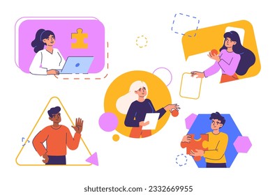 People in geometric shapes concept. Teamwork and partnership. Collaboration and cooperation. Organization of effective workflow. Colleagues and partners. Cartoon flat vector illustration