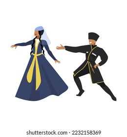 Ilustración vectorial del pueblo de Georgia. Bailarines georgianos con trajes tradicionales aislados de fondo blanco. Viajar, concepto de cultura