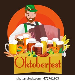 people germany beer festival Bavaria, alcohol in a glass and wooden mug with mens snack traditional pretzel sausage, man playing accordion drinking party pub or bar food background vector illustration