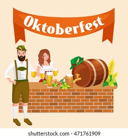 people germany beer festival in Bavaria, alcohol in a glass and wooden mug with mens snack traditional pretzel sausage, woman  man drinking in party pub or bar food background vector illustration