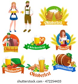 people germany beer festival in Bavaria, alcohol in a glass and wooden mug with mens snack traditional pretzel sausage, woman  man drinking in party pub or bar food background vector illustration