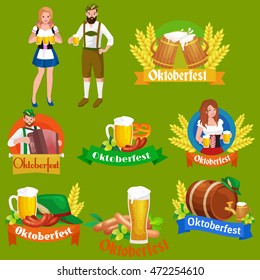 people germany beer festival in Bavaria, alcohol in a glass and wooden mug with mens snack traditional pretzel sausage, woman and man drinking in party pub or bar food background vector illustration 