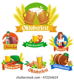 people germany beer festival in Bavaria, alcohol in a glass and wooden mug with mens snack traditional pretzel sausage, woman and man drinking in party pub or bar food background vector illustration 