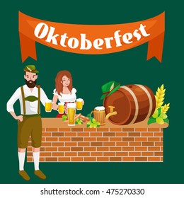 people germany beer festival in Bavaria, alcohol in a glass and wooden mug with mens snack traditional pretzel sausage, woman and man drinking in party pub or bar food background vector illustration 