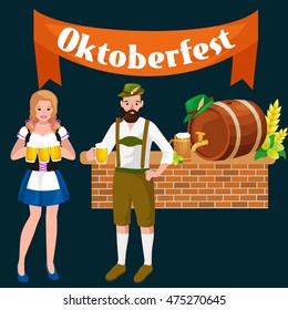 people germany beer festival in Bavaria, alcohol in a glass and wooden mug with mens snack traditional pretzel sausage, woman  man drinking in party pub or bar food background vector illustration