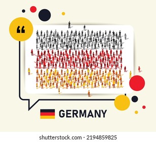 People Of Germany Or Deutschland Protest Or Celebration Campaign For National Day Public Message. German Flag With Speech Bubble And Yellow Red Color Theme. Small Sized Group, Population Or Citizens.