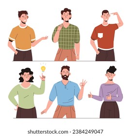 People with gestures set. Men and women with emotions and facial expressions. Feelings and moods. Stickers for social networks. Cartoon flat vector collection isolated on white background