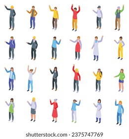 People gesturing hi icons set isometric vector. Hello waving. Welcome student say