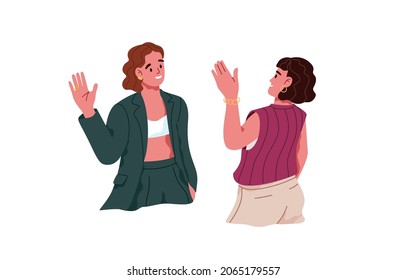 People gesturing hi, saying hello. Two women meeting and greeting each other, waving with hand. Happy female friends welcoming communication. Flat vector illustration isolated on white background.