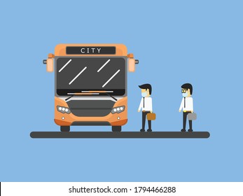 People get in to bus with apply safety protocol. Social distancing illustration. Avoid the spread of coronavirus.