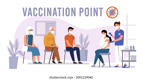 People get covid vaccine at hospital to protected health. Doctor makes an injection of flu vaccine.