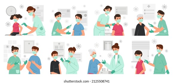 People get covid-19 vaccine, virus protection and immunisation. Male and female characters get corona virus vaccine vector illustration set. Nurses with syringe doing vaccination to patients