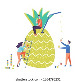 People get and drink pineapple juice vector illustration