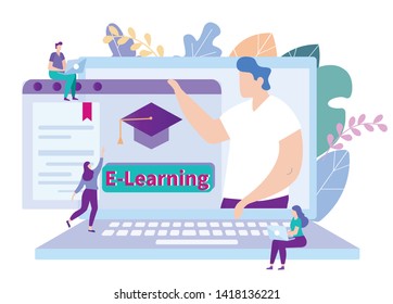 People Get Education Online. Teacher on Monitor. Distance Learning. Lesson Online. E-Learning. Woman with Laptop on Background Monitor. Vector Illustration. Getting Diploma. Teacher on Monitor Screen.