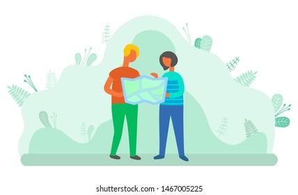People get lost while traveling vector, man and woman holding atlas reading information on paper. Summertime summer vacation trip of couple flat style