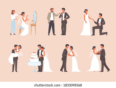 People get married set. Man in tuxedo and woman white dress cutting wedding cake romantic pair dance hall bride dresses up in front of mirror elegant ceremonial kiss. Engagement vector.