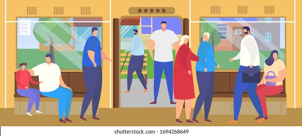 People get off at bus stop station platform vector illustration. Cartoon flat man woman passenger characters commute in busy public transport interior with seats during trip. Bus inside background