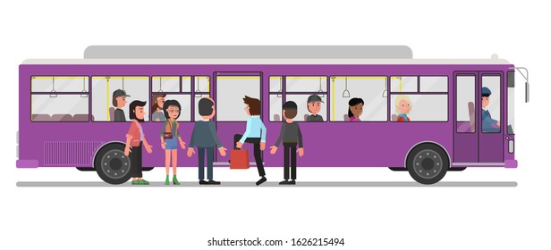 People get on the bus. Public transport. Vector illustration.