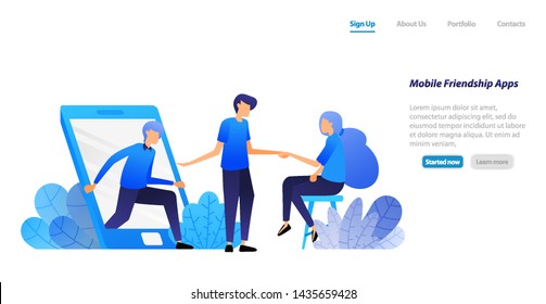 people get out of mobile and invite to meet. friendship, introduction and matchmaking application. vector illustration concept for landing page, web, ui, banner, flyer, poster, template, background