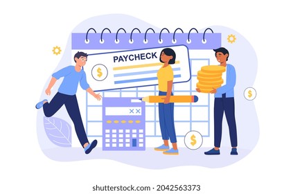 People Get Paycheck concept. Men and women receive wages in form of deposit. Characters sign and cash check. Tax free income. Cartoon modern flat vector illustration isolated on white background