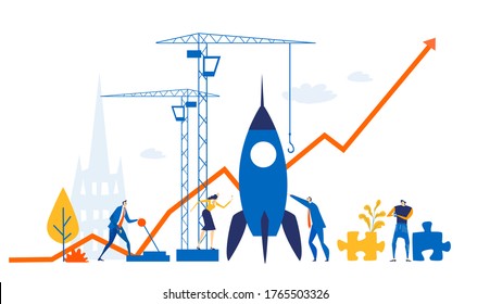 People get rocket ready for launch. Start up, new business, spaceship or space rocket and group of people preparing it for flight. Modern flat design business illustration