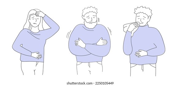 People get sick, sneeze, chills, fever. A woman and a man have migraines, colds, fever, runny nose. Vector art line graphics.