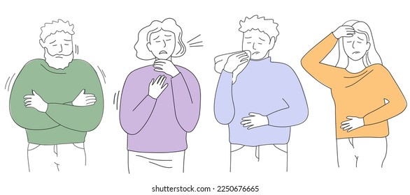 People get sick, sneeze, chills, fever. A woman and a man have migraines, colds, fever, runny nose. Vector art line graphics.
