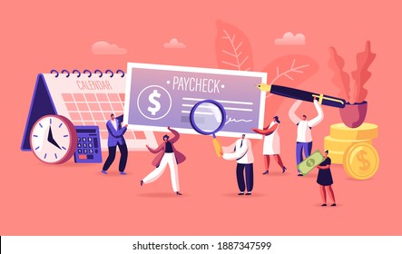 People Get and Signing Paycheck Concept. Male and Female Characters with Huge Quill Pen, Magnifying Glass and Cheque. Tax Free Income, Payroll Budget, Deposit Payday. Cartoon Vector Illustration