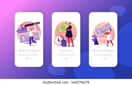 People Get and Signing Paycheck Mobile App Page Onboard Screen Set. Tax Free Income, Payroll Budget, Deposit, Calendar with Payday Concept for Website or Web Page. Cartoon Flat Vector Illustration