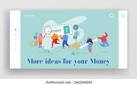 Die Leute erhalten und Signieren Paycheck Website Landing Page. Zeichen mit riesigem Federstift, Glass und Scheck. Steuerfreies Einkommen, Gehaltsliste Haushalt Webseite Banner. Illustration zur flachen Vektorillustration von Cartoon