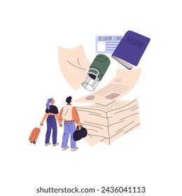 People get stamp in documents, passport to crossing border. Immigrant obtaining resident card, citizenship. Paperwork of residence permit. Migration concept. Flat isolated vector illustration on white