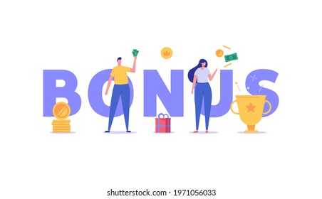 People getting an award and bonus money. Happy businessman receiving reward and standing near winner cup. Concept of money bonus, reward program, salary payment. Vector illustration in flat design.