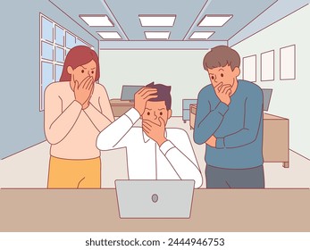 People getting bad news. Puzzled office staff look at laptop monitor, receiving negative stressful information through multimedia, scared men and women, vector cartoon flat isolated concept