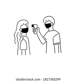 people getting body temperatures checked before entering a public place during covid-19 coronavirus outbreak. Digital thermometer. Vector illustration in flat cartoon design. 