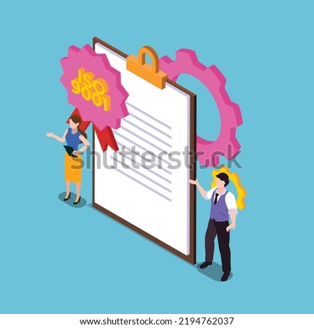 People getting certificate of iso 9001 quality control standards isometric 3d vector illustration concept for banner, website, illustration, landing page, flyer, etc.